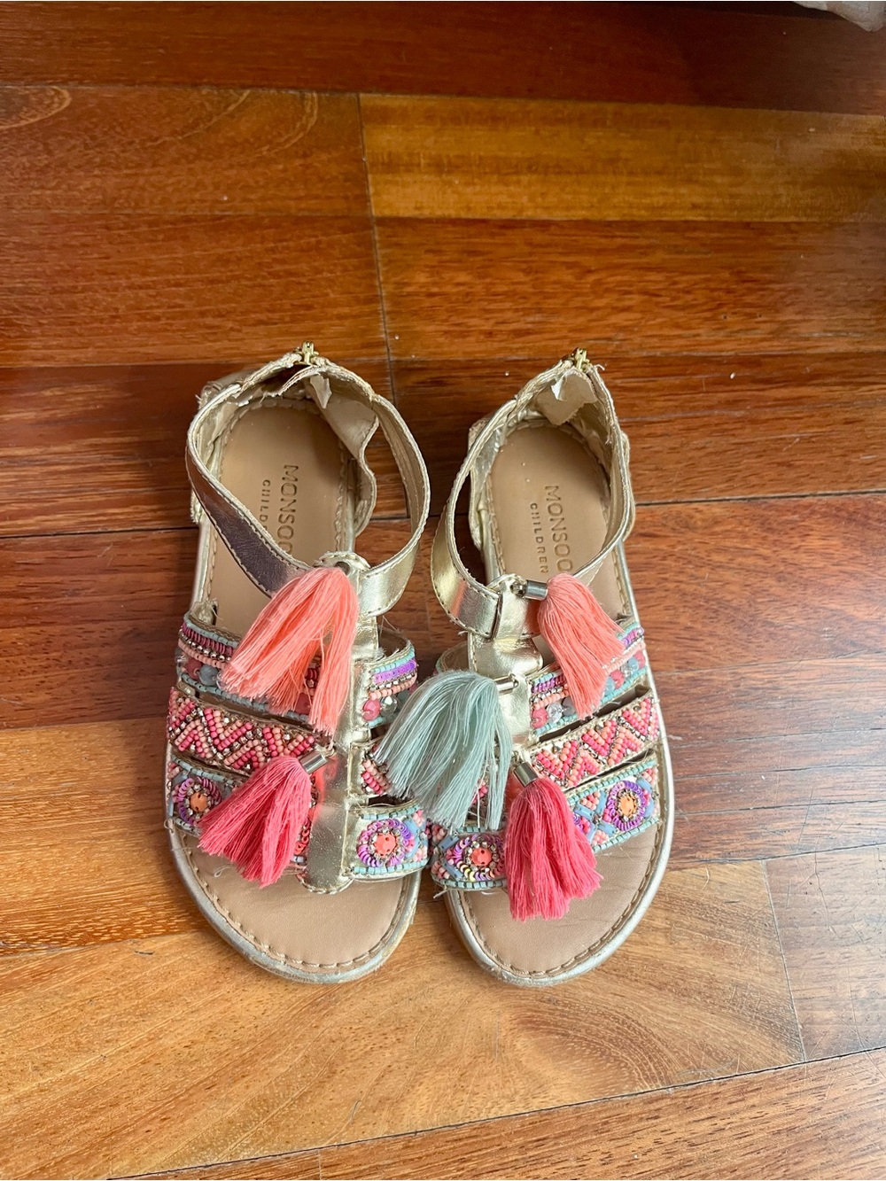 Monsoon Girls Metallic Gold Sandals with Coral, Pink and Mint Tassels